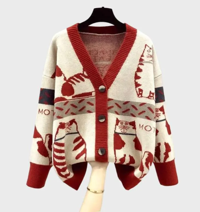 Women's Chic Kitten Print Knit Cardigan with Buttons | Ideal for All Seasons