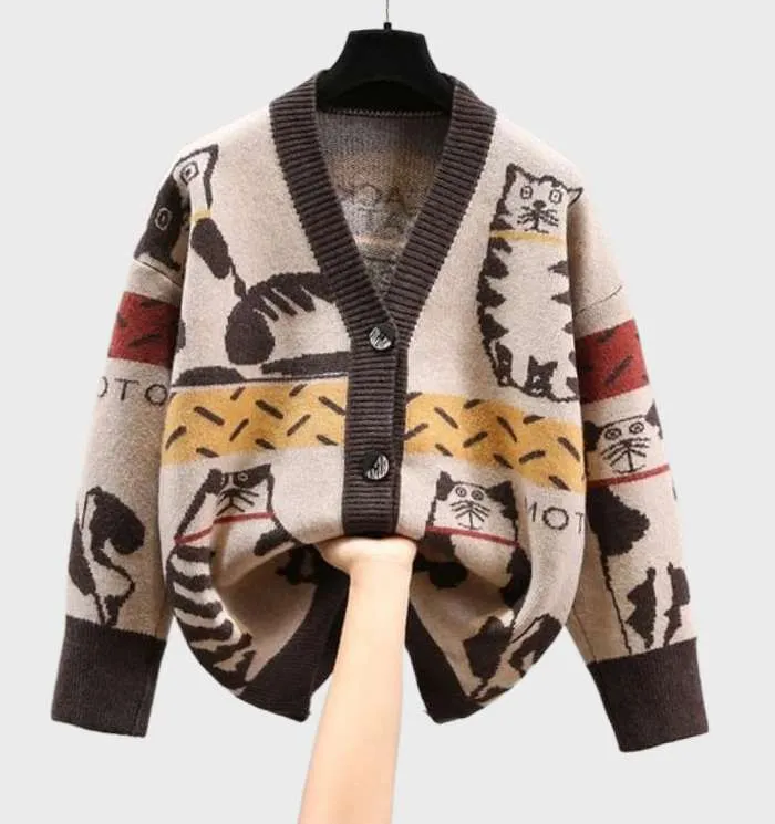 Women's Chic Kitten Print Knit Cardigan with Buttons | Ideal for All Seasons