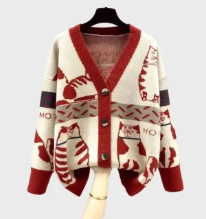 Women's Chic Kitten Print Knit Cardigan with Buttons | Ideal for All Seasons