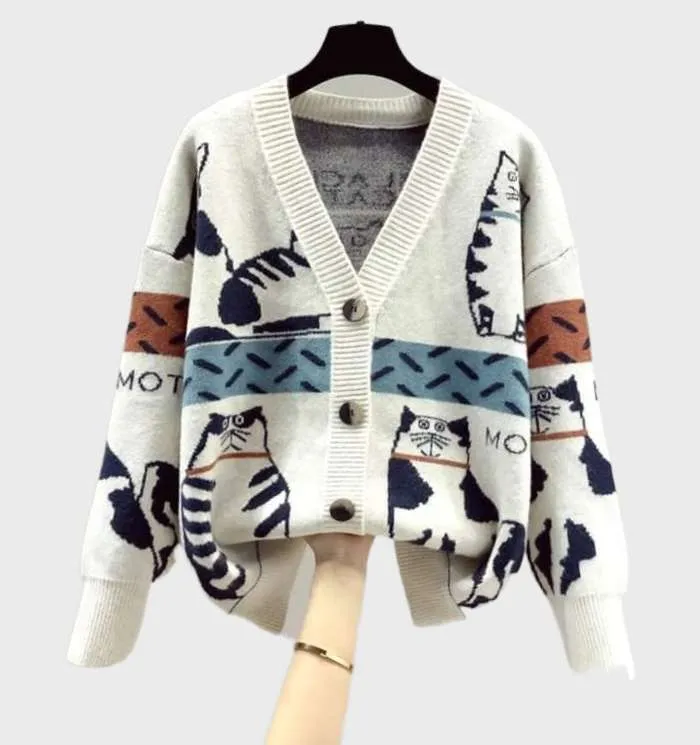 Women's Chic Kitten Print Knit Cardigan with Buttons | Ideal for All Seasons