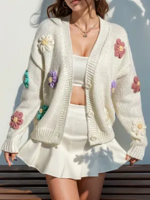 Women's Loose Fit Knit Cardigan with Embroidered Floral | Ideal for Autumn/Winter
