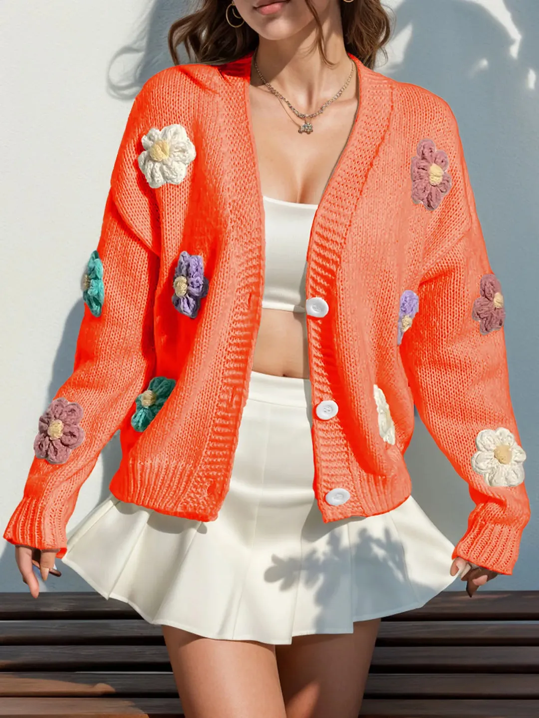 Women's Loose Fit Knit Cardigan with Embroidered Floral | Ideal for Autumn/Winter