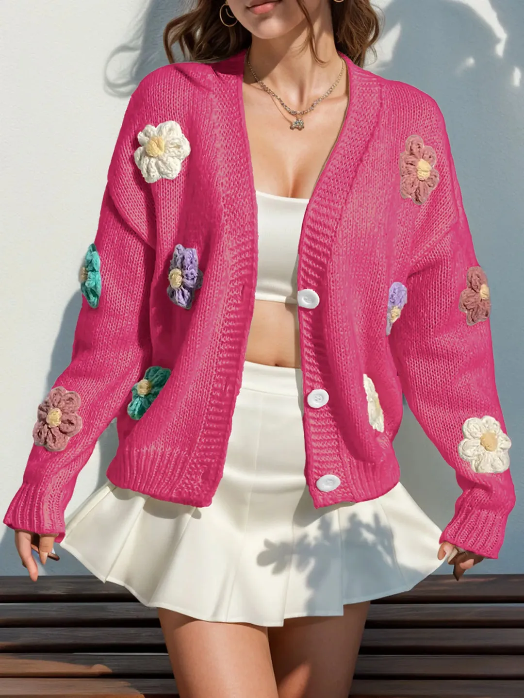 Women's Loose Fit Knit Cardigan with Embroidered Floral | Ideal for Autumn/Winter